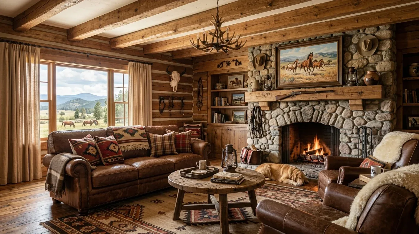 A cozy rustic living room with leather furniture, a stone fireplace, wooden beams, and western-themed decor