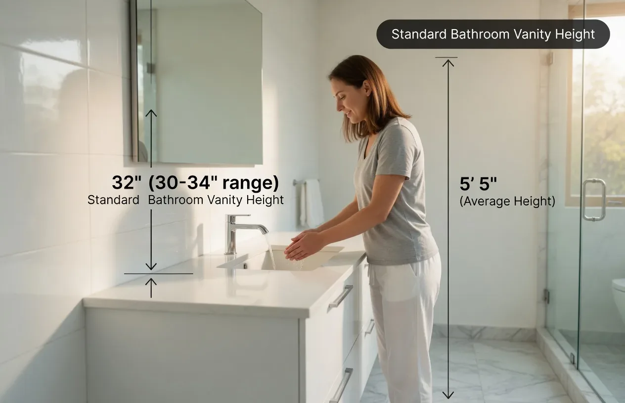 A woman washing hands at a white bathroom vanity with text indicating standard bathroom vanity height and average height