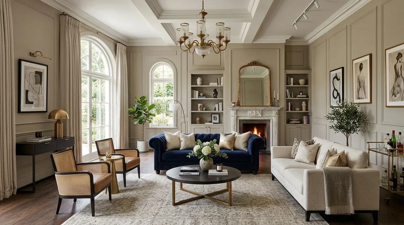 A sophisticated living room with a navy blue sofa, cream sofa, two armchairs, a round coffee table, a fireplace, and elegant wall paneling