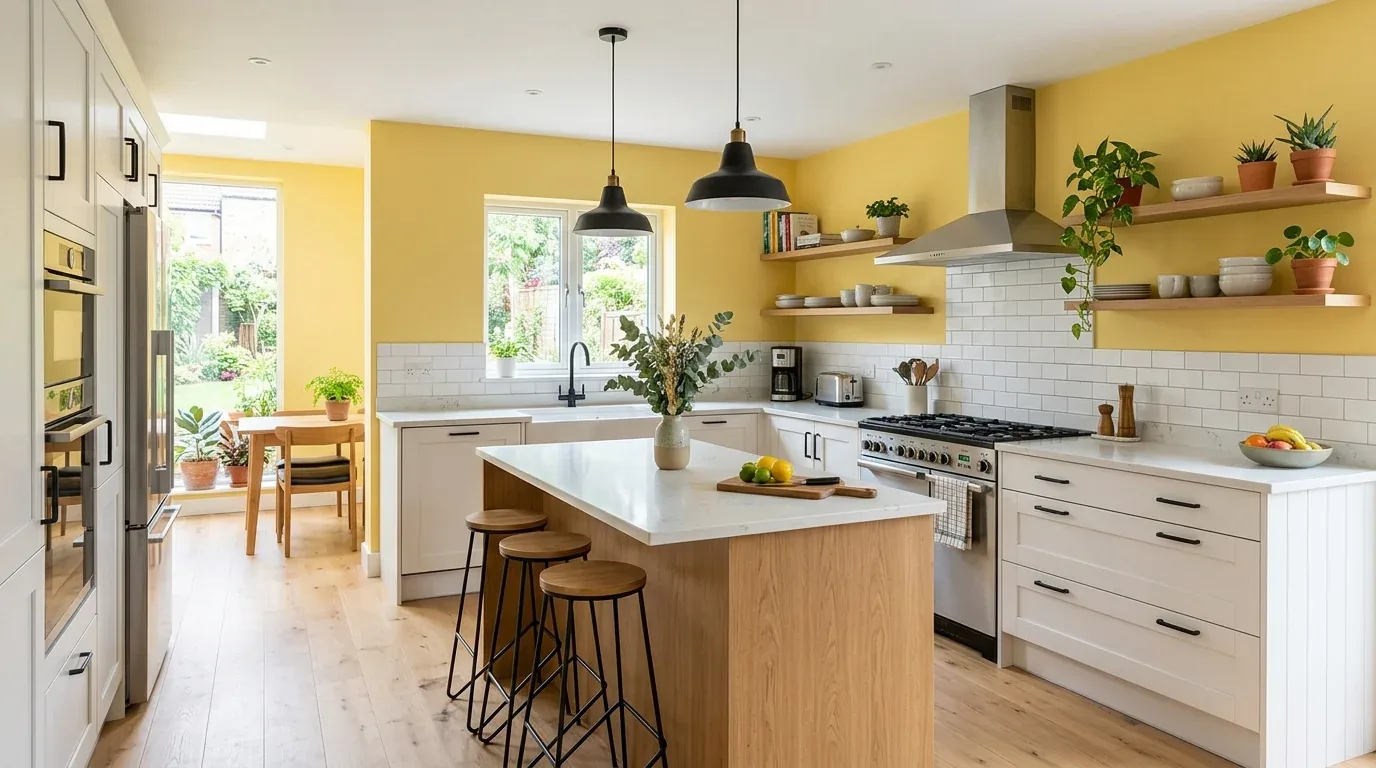 A bright kitchen with yellow walls, white cabinets, a central island with stools, and open wooden shelves with plants and dishes