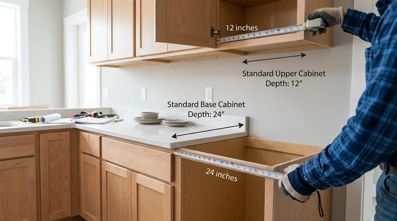A person measuring the depth of standard upper and base kitchen cabinets with a tape measure