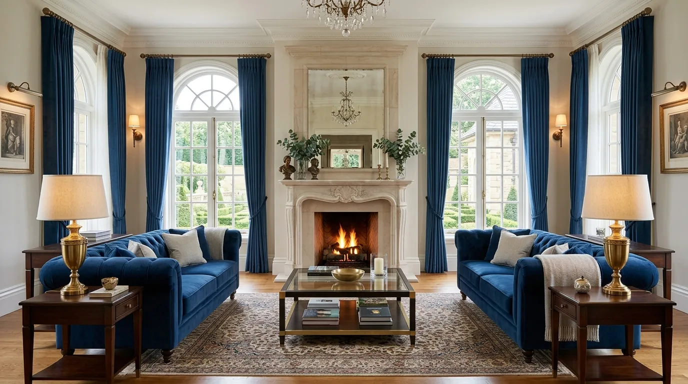 A symmetrical living room with matching blue velvet sofas, paired urn lamps and side tables, twin arched windows