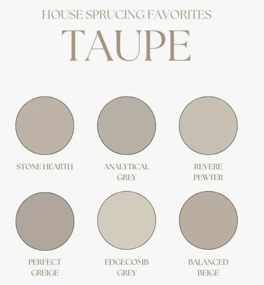 A color palette image showing six taupe paint color swatches with their names