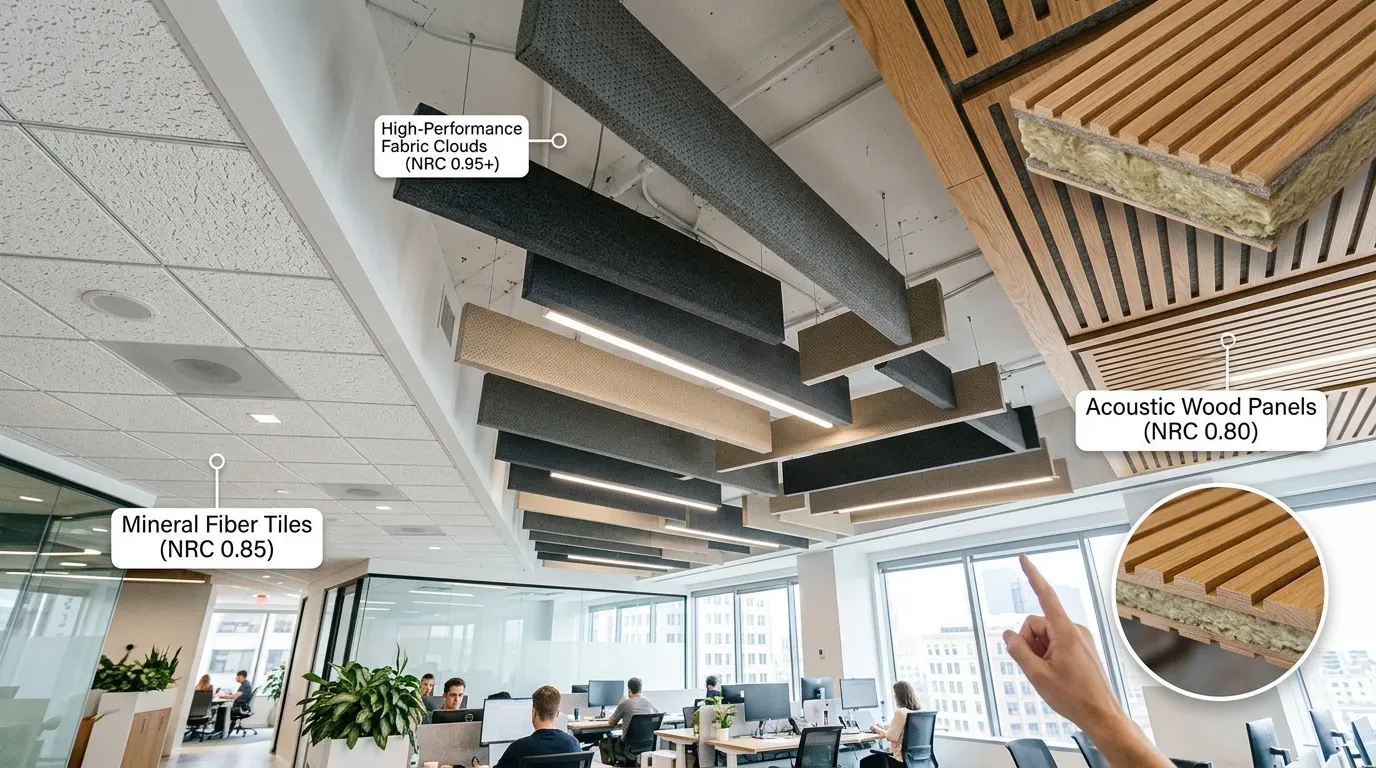 Modern office interior with acoustic ceiling treatments including fabric clouds, mineral fiber tiles, and wood panels