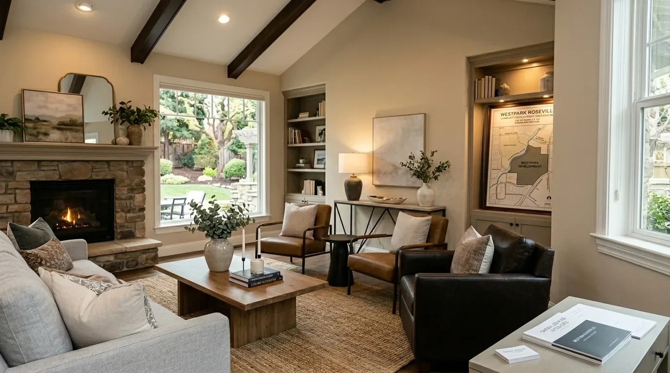 A cozy living room with a stone fireplace, large window overlooking a garden, leather and fabric seating, and built-in shelves with a framed map