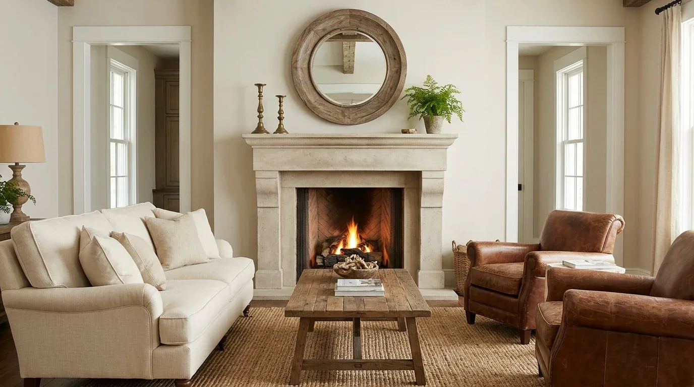 A cozy living room with a beige sofa, two brown leather armchairs, a wooden coffee table, and a stone fireplace with a round wooden mirror above it