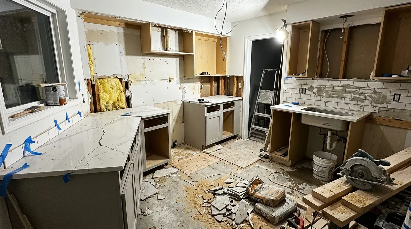 A kitchen under renovation with partially installed cabinets, marble countertops, subway tile backsplash in progress, and construction materials scattered on the floor