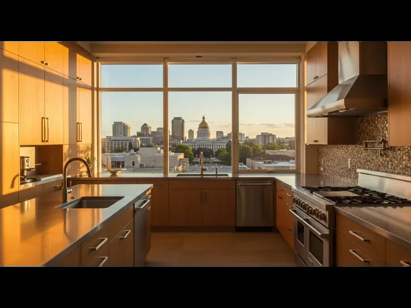 Modern kitchen with large windows offering a city skyline view including a domed capitol building