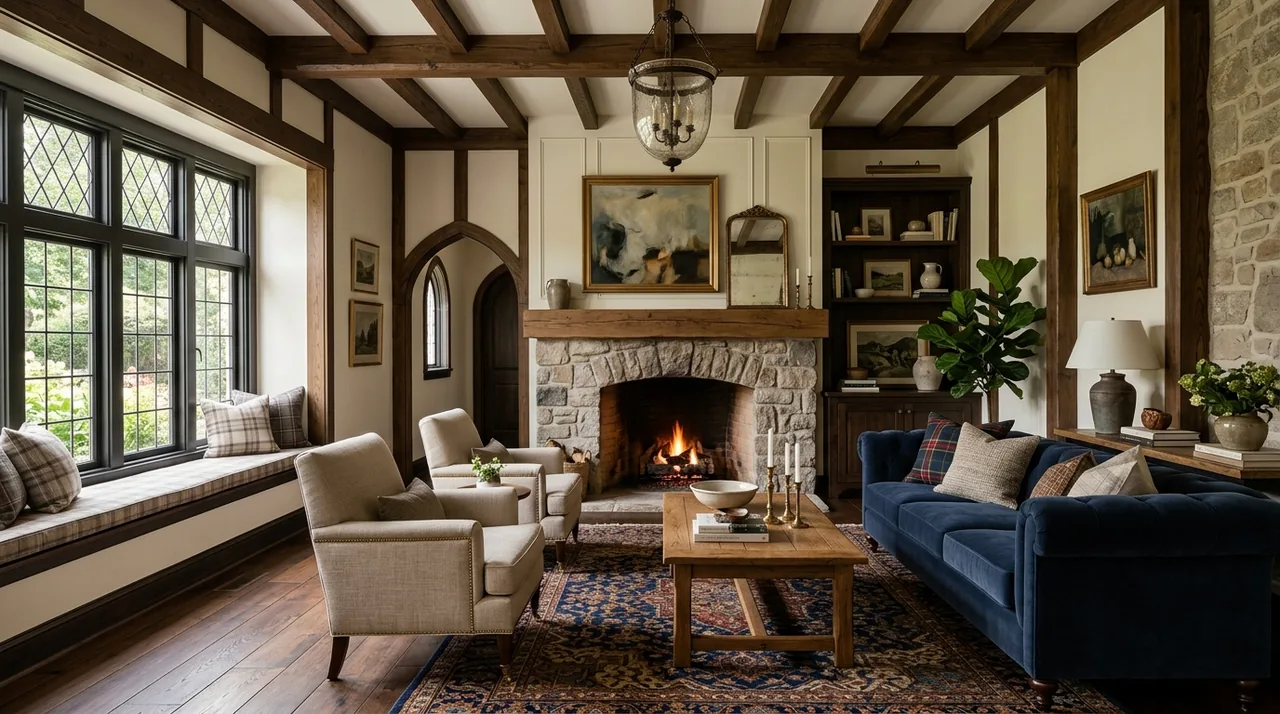 A cozy living room with a stone fireplace, wooden beams on the ceiling, a blue velvet sofa, beige armchairs