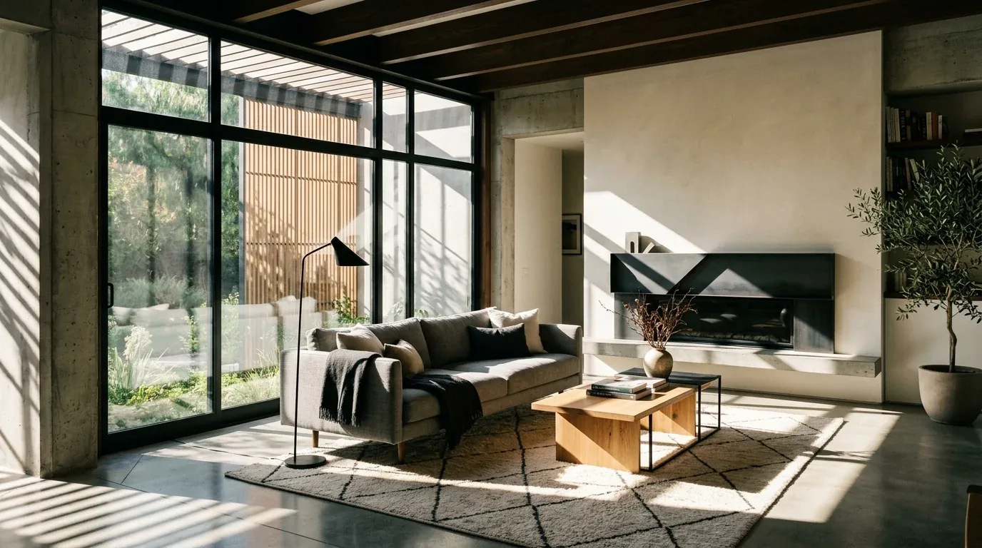 A modern living room with large floor-to-ceiling windows, a gray sofa, a wooden coffee table, a fireplace, and natural light casting shadows