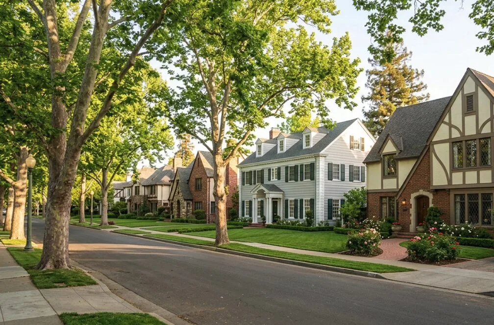 A quiet residential street lined with large trees and traditional-style houses with well-maintained lawns