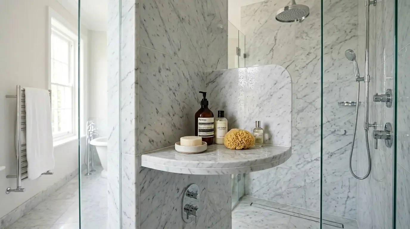 A modern bathroom shower area with marble walls, a glass door, and a marble shelf holding bath products and a sponge