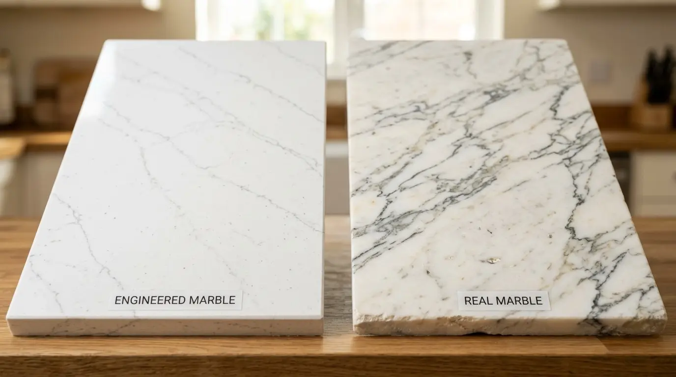 Two marble slabs displayed side by side on a wooden surface, labeled as engineered marble and real marble