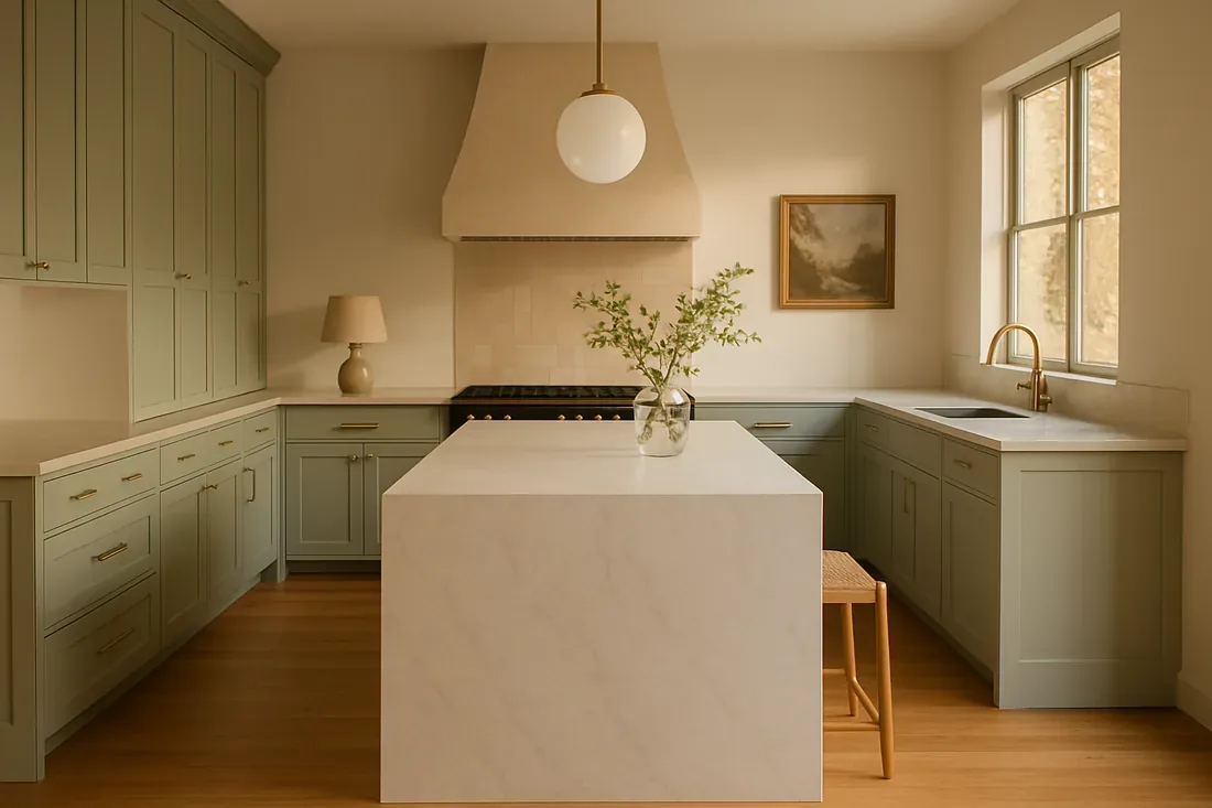 A bright, modern kitchen with white cabinetry, brass handles, a black faucet, and wooden flooring