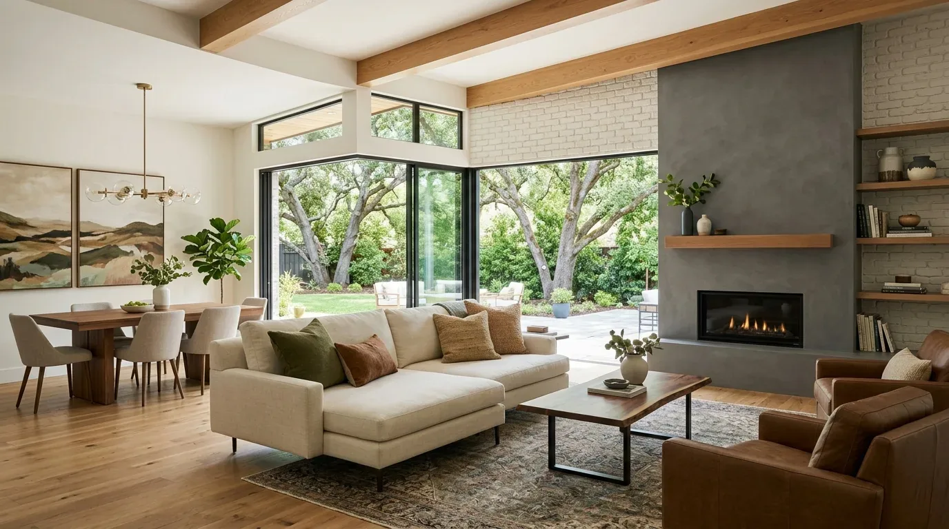 A modern living and dining room with large glass doors opening to a garden, featuring a beige sectional sofa, leather