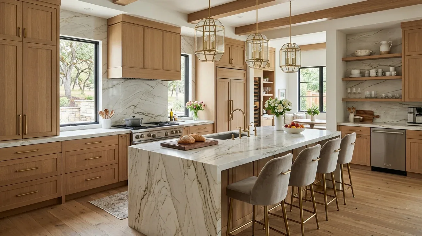 A modern kitchen with light wood cabinetry, marble countertops and backsplash, gold pendant lights, and a large island