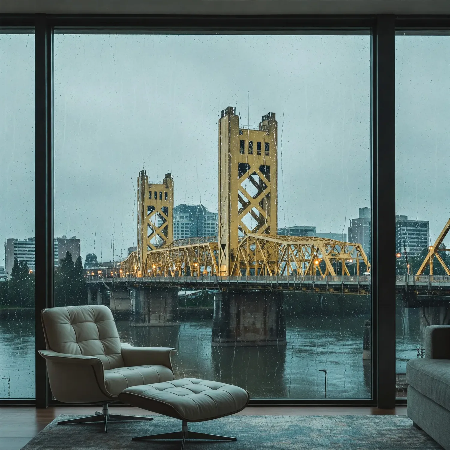 A modern living room with a leather lounge chair and ottoman facing a large window overlooking a rainy cityscape with a yellow bridge