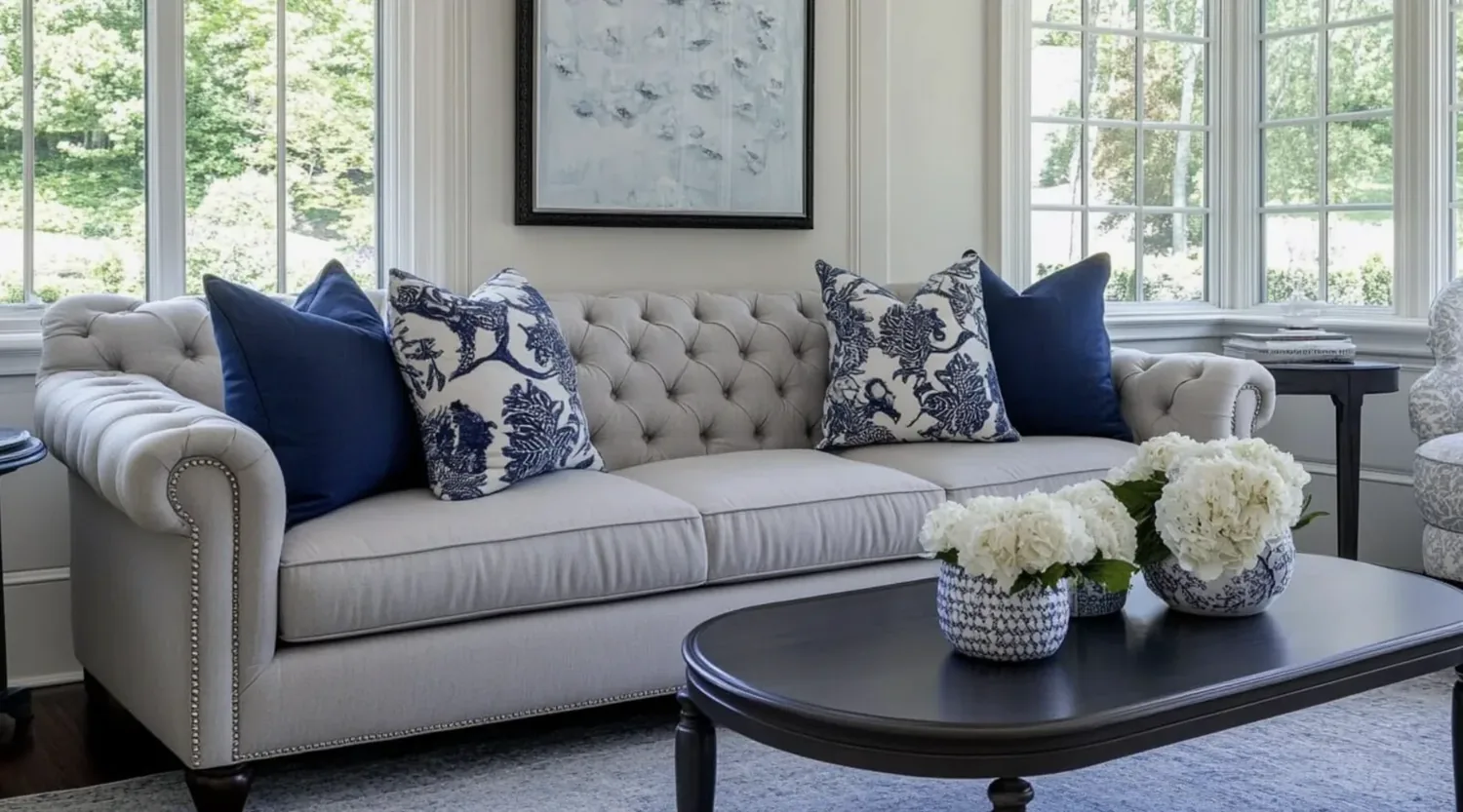 A bright living room with a tufted beige sofa adorned with blue and white patterned pillows, a dark wooden coffee table with white floral arrangements, and large windows letting in natural light