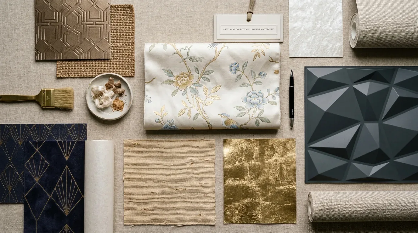 A flat lay of various fabric swatches, wallpaper samples, a paintbrush, and a pen arranged on a neutral textured surface