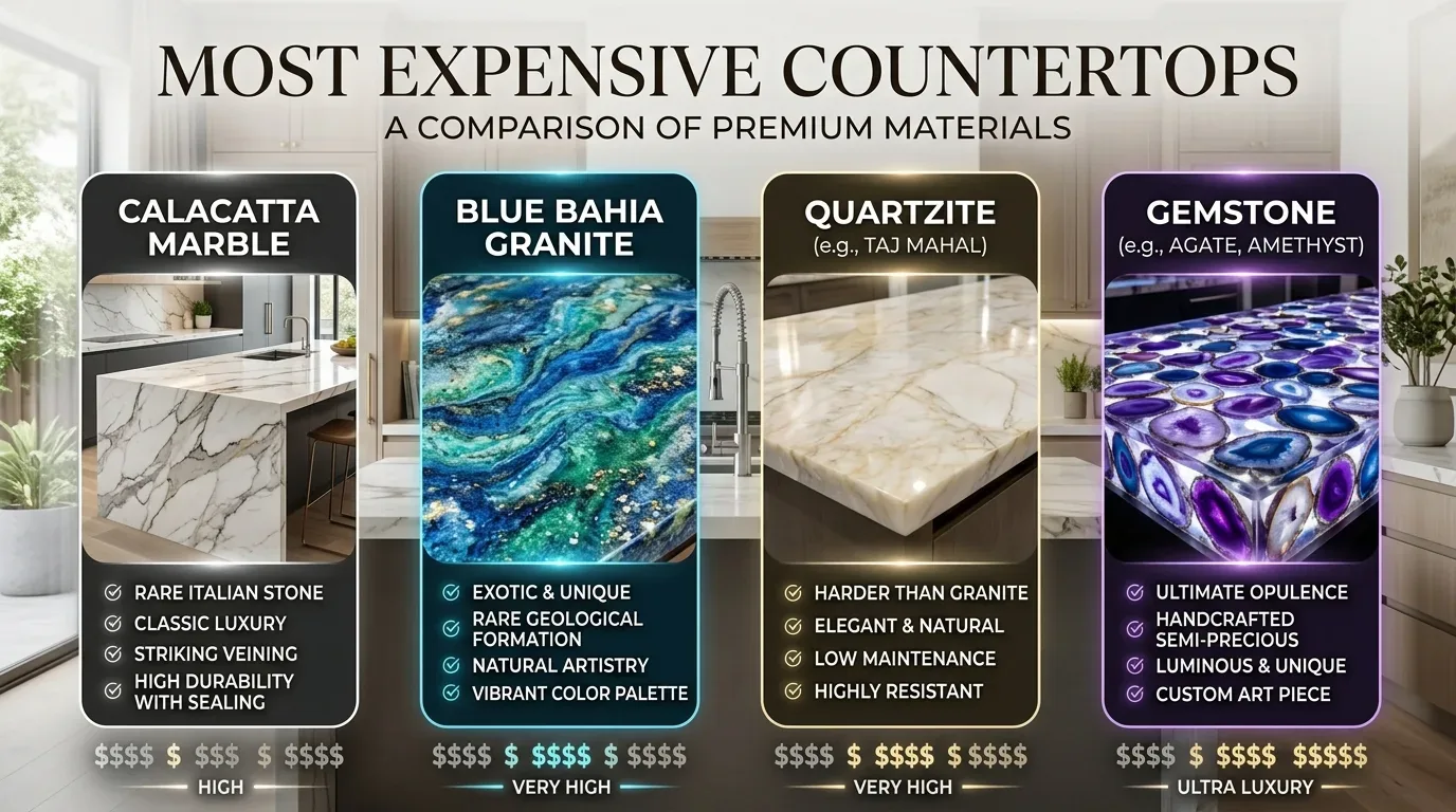 A marketing image comparing four types of premium and expensive countertop materials with images and key features