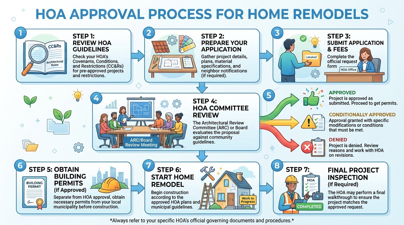 An infographic illustrating the 7-step HOA approval process for home remodels with icons and text explanations