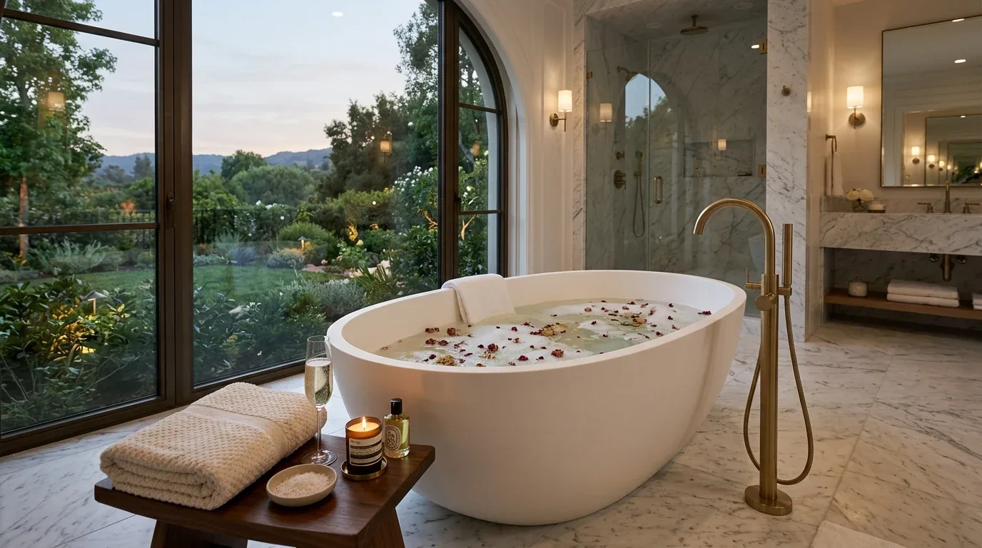 A luxurious bathroom with a freestanding bathtub filled with water and flower petals, a wooden side table with bath items, and large windows overlooking a