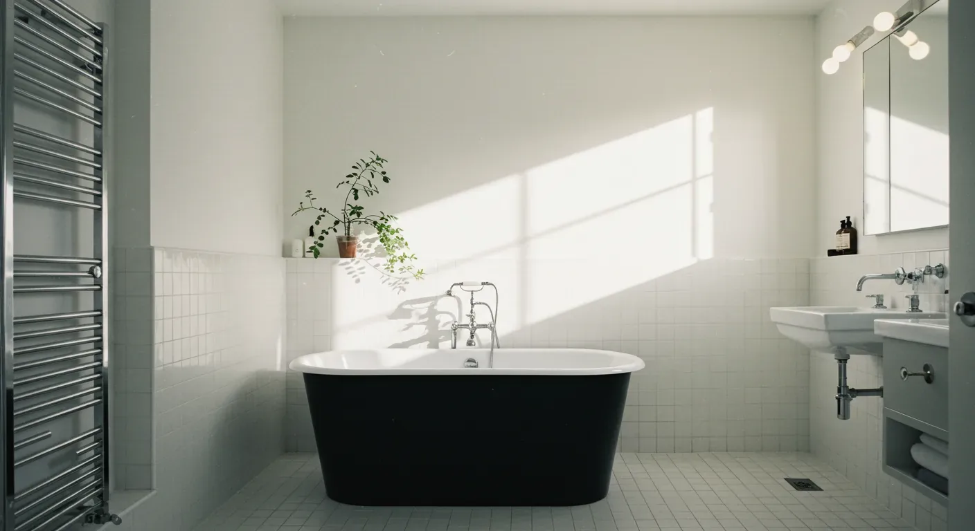 A minimalist bathroom with a black freestanding bathtub, white tiled walls and floor, a wall-mounted sink, and a potted plant on the ledge