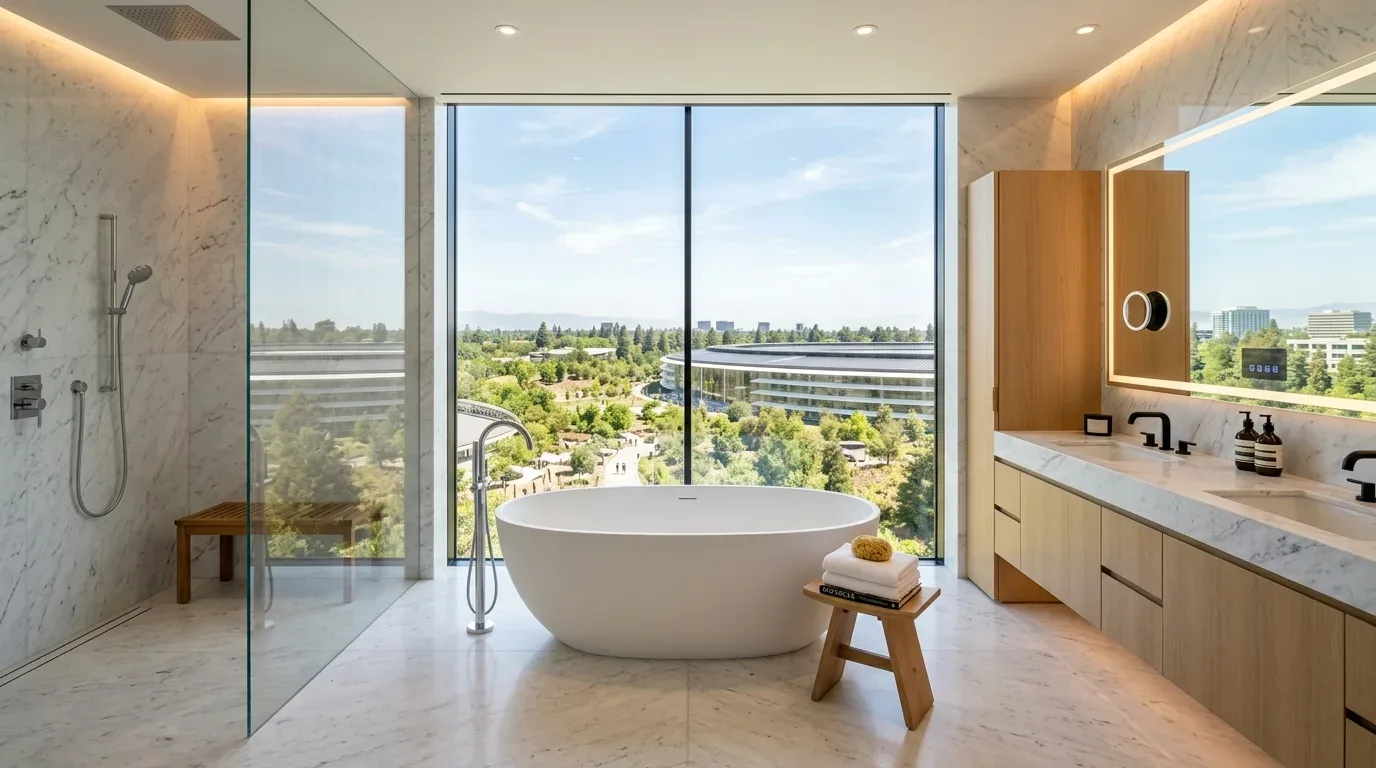 A modern bathroom with a freestanding bathtub, large window with a cityscape view, marble walls and floor, and a double sink vanity with wooden cabinetry