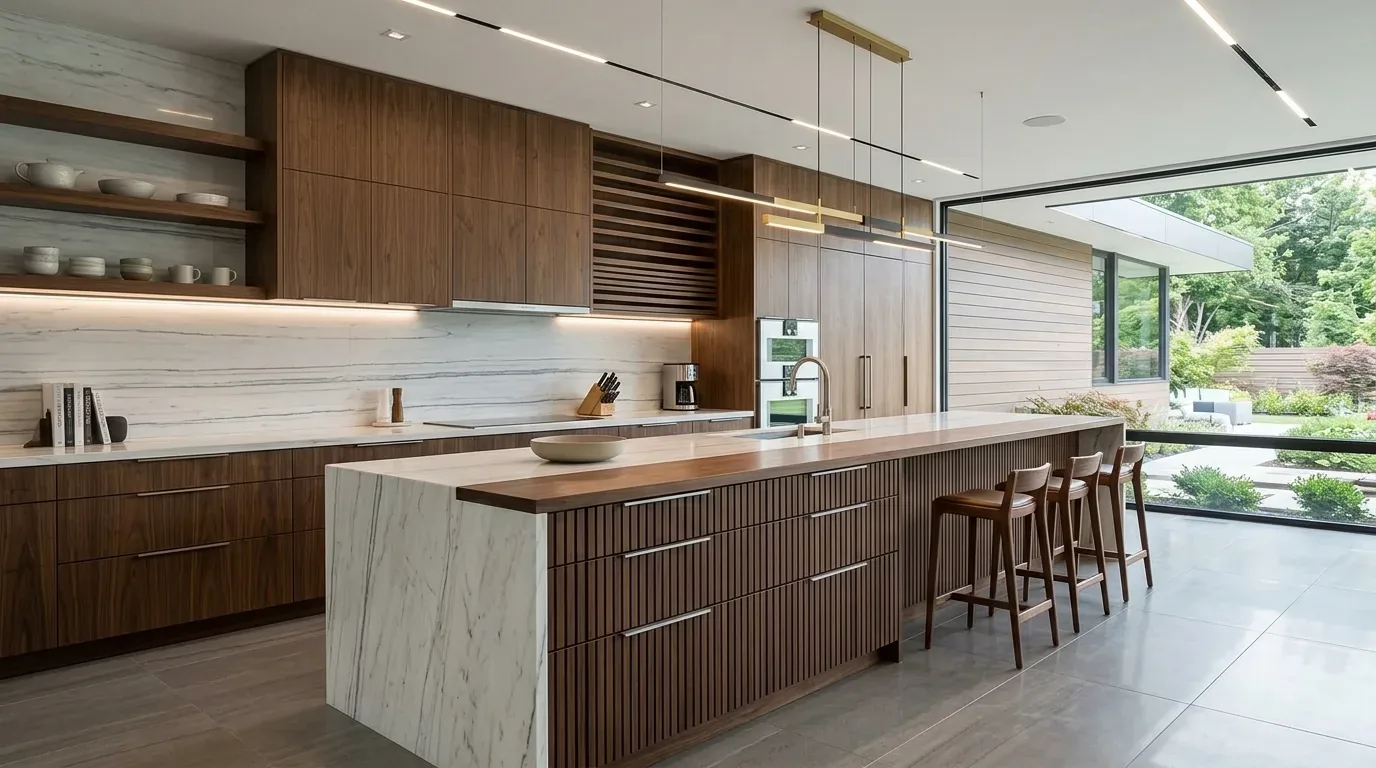 A modern kitchen with a geometric hexagonal tile backsplash in shades of blue, green, gold, and white, featuring a gold faucet and sink, dark countertop, and