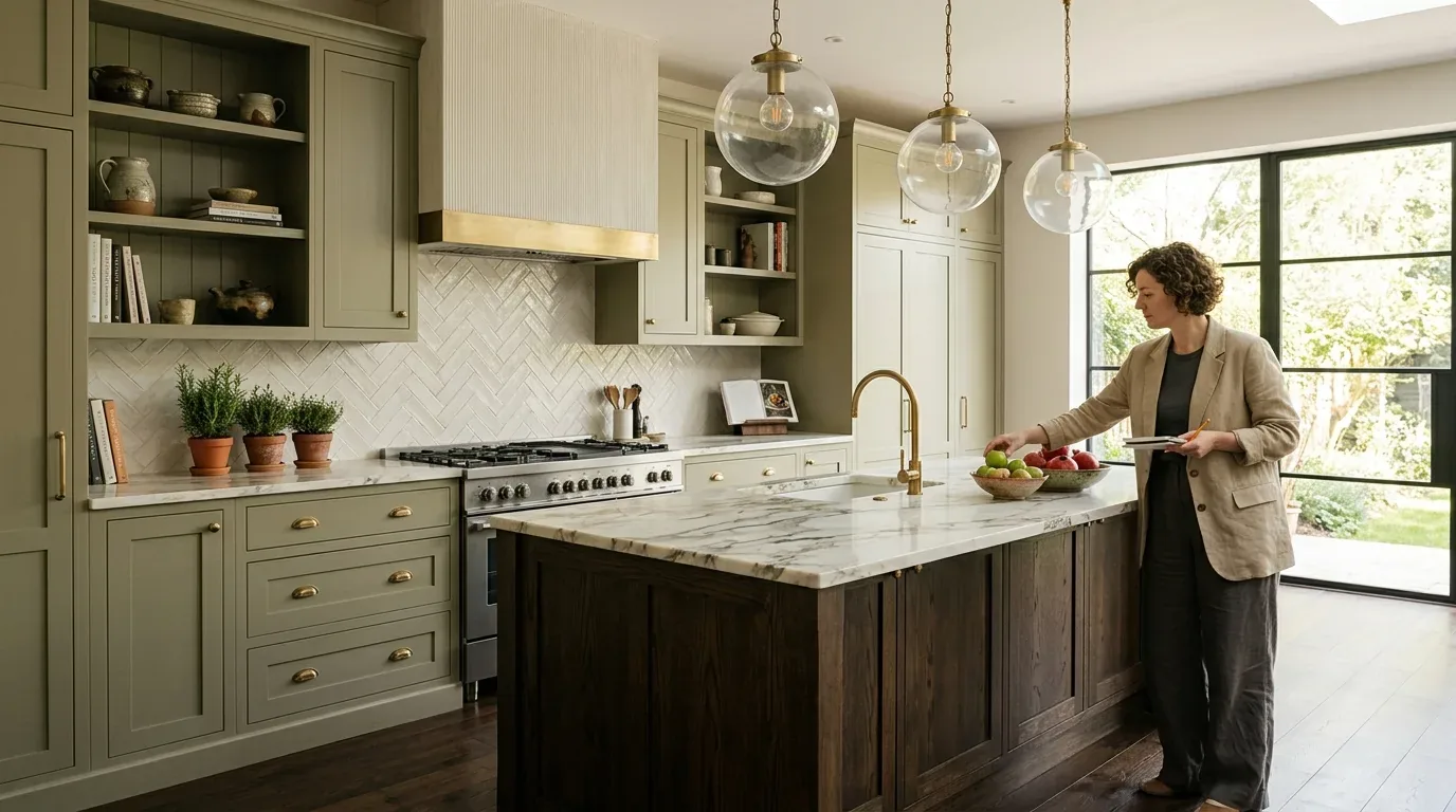 A modern kitchen with olive green and cream cabinetry, a marble island countertop, brass fixtures, and large windows letting in natural light