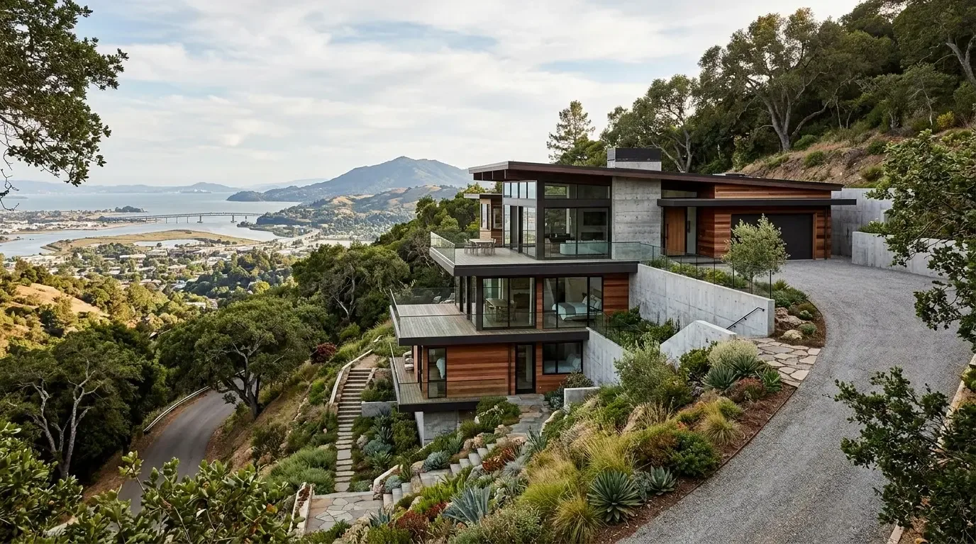 A modern hillside house with large glass windows, wood and concrete exterior, overlooking a scenic valley and water body