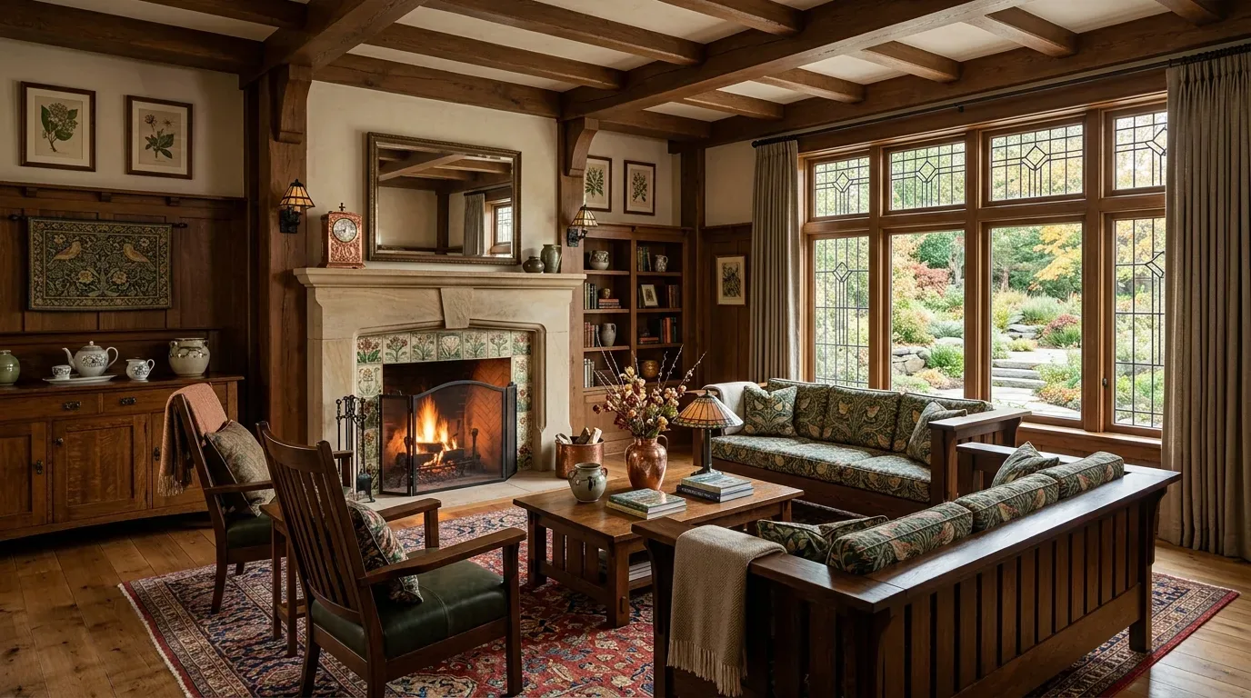 A cozy living room with wooden beams, a stone fireplace, floral patterned sofas, and large windows overlooking a garden