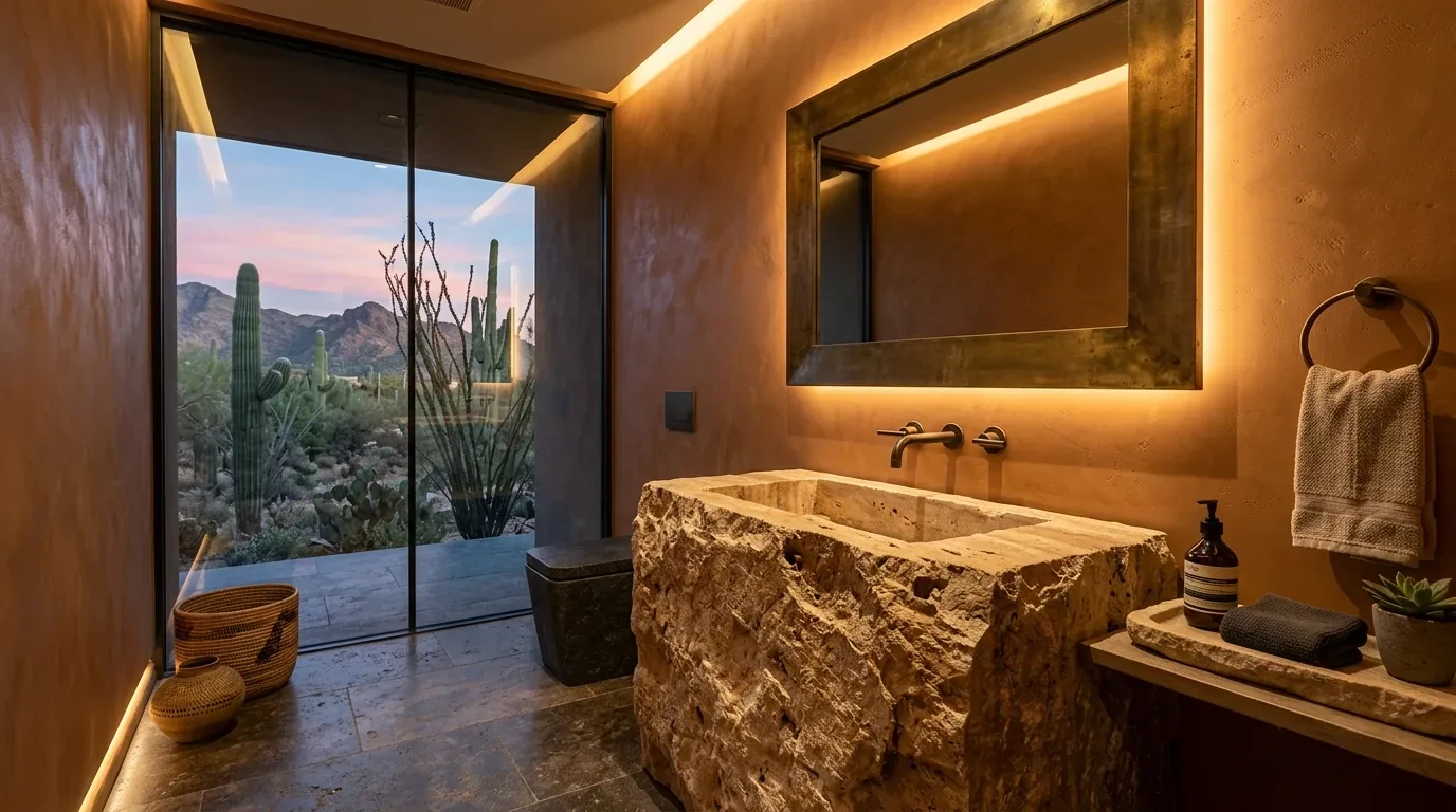 A modern bathroom with a rough stone sink, backlit mirror, and large glass window showing a desert landscape with cacti