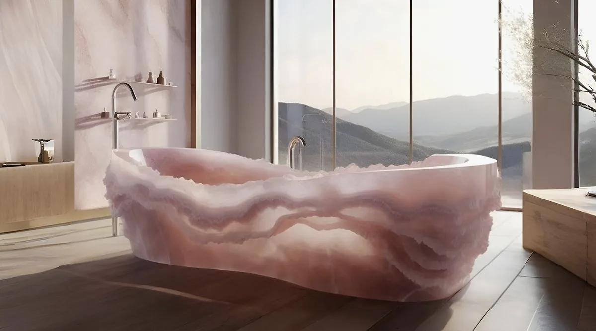 A modern bathroom featuring a unique pink onyx bathtub with large windows showing a mountainous landscape
