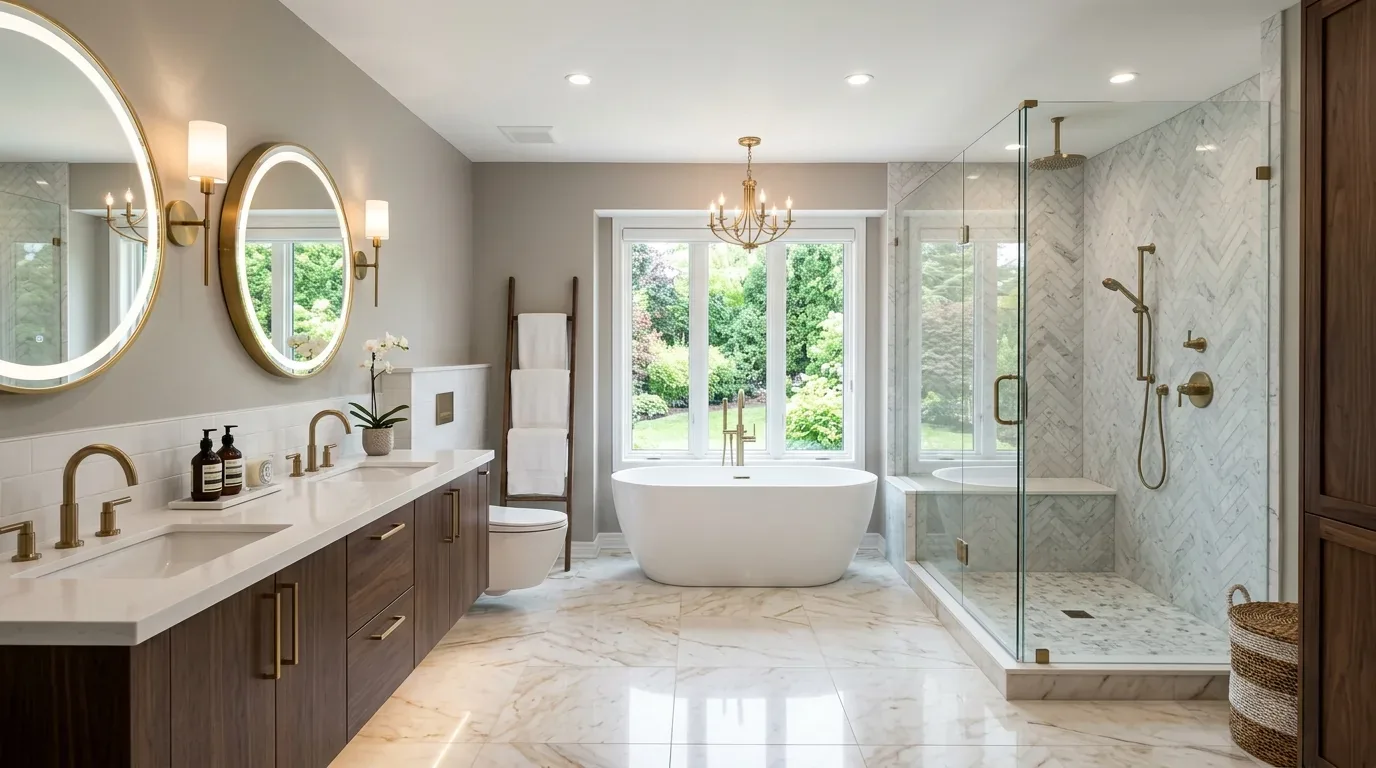 A modern bathroom with a double vanity, round mirrors, a freestanding bathtub, and a glass-enclosed shower with marble tile