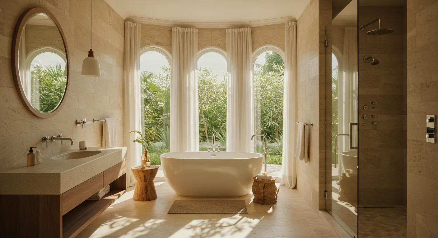 A bright bathroom with a freestanding bathtub in front of arched windows, a double sink vanity, and a glass-enclosed shower