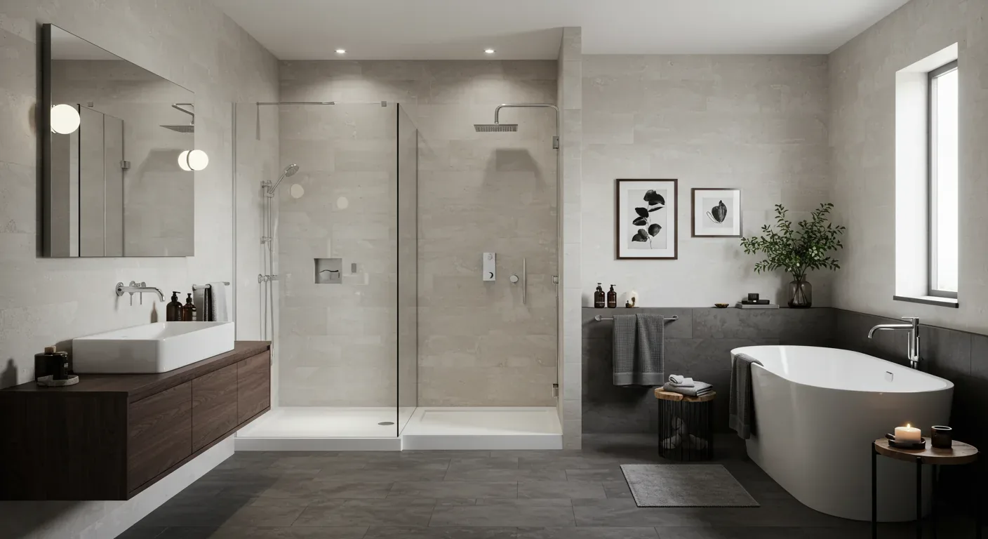 A modern bathroom with a freestanding bathtub, glass-enclosed shower, double vanity with illuminated mirrors, and marble flooring