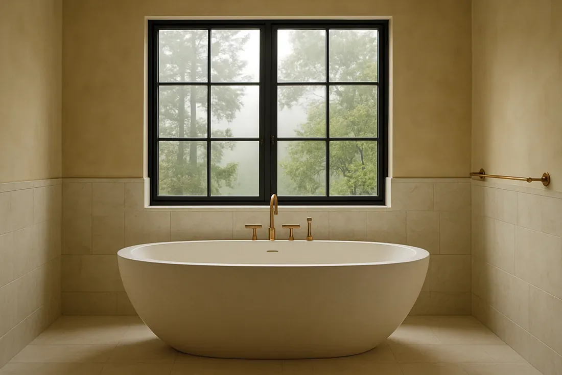 A minimalist bathroom featuring a freestanding oval bathtub with gold fixtures in front of a large window showing trees outside