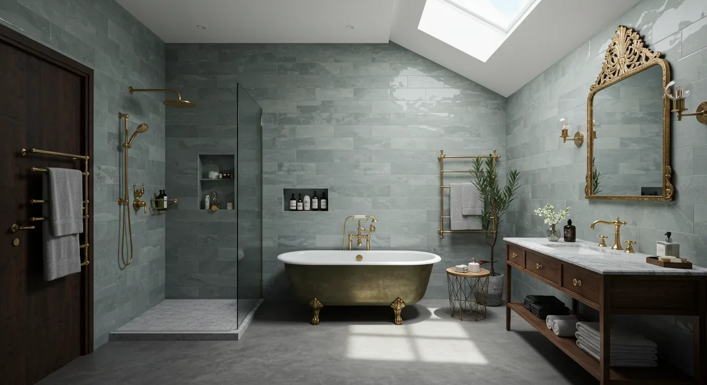 A spacious bathroom with a freestanding clawfoot bathtub, walk-in shower, wooden vanity with marble countertop, and gold fixtures
