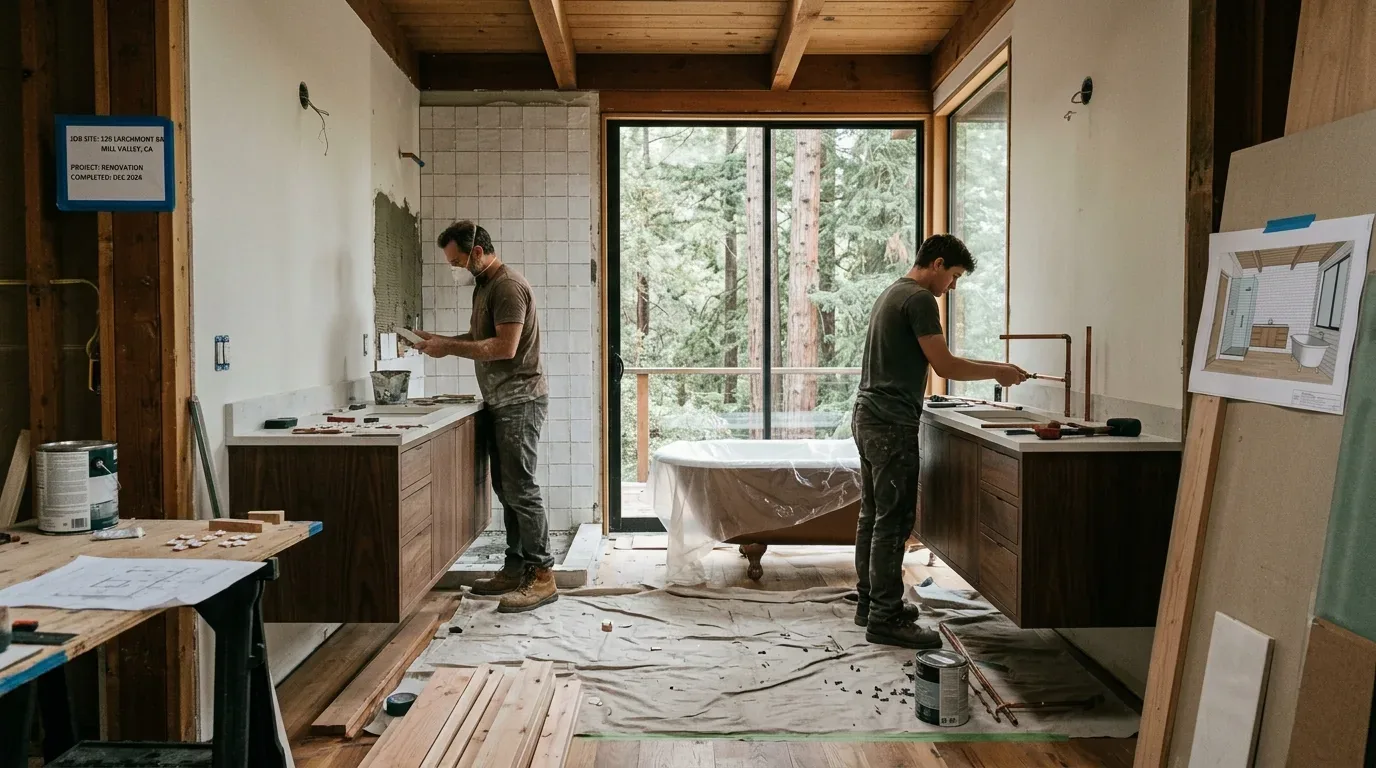 Two workers are installing cabinetry and plumbing in a bathroom under renovation with a large window overlooking trees