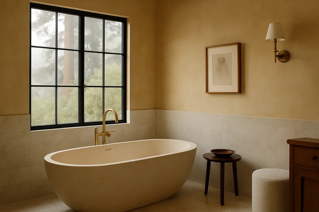 A minimalist bathroom featuring a freestanding oval bathtub, brass faucet, large window, and simple wall decor