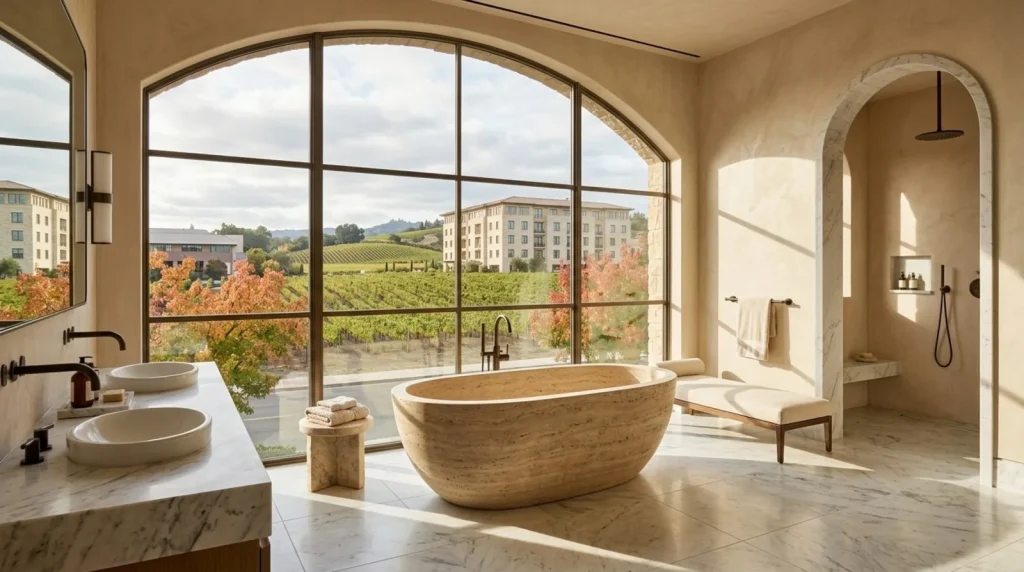 A wine-country primary bathroom with an arched steel window overlooking vineyards, a freestanding travertine soaking tub, and a marble double vanity