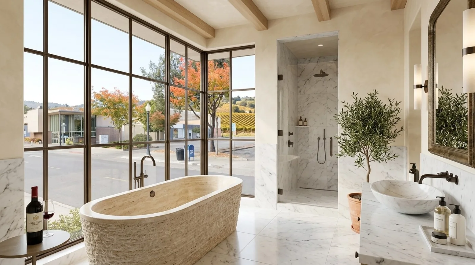 A light-filled bathroom with floor-to-ceiling steel-framed windows on a downtown street corner, a carved travertine freestanding tub, and a marble walk-in shower