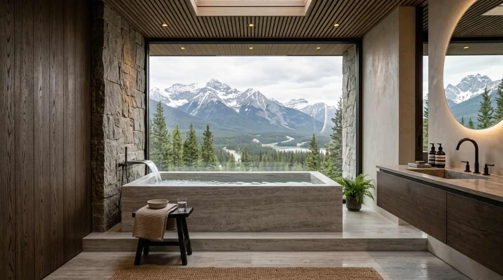 A spa-style bathroom with a rectangular stone soaking tub on a raised plinth, wood-slat ceiling, dark oak paneling, and a picture window framing a mountain view