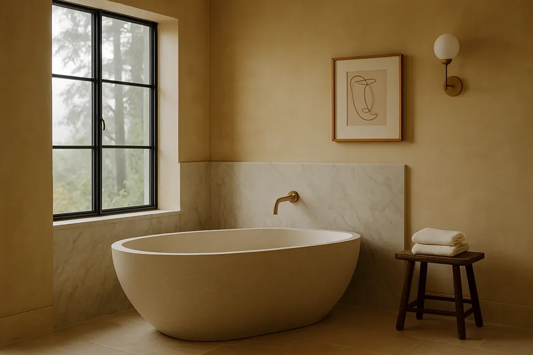 A minimalist bathroom with a freestanding bathtub, a large window, a framed abstract line art, a wall-mounted light, and a wooden stool with folded towels