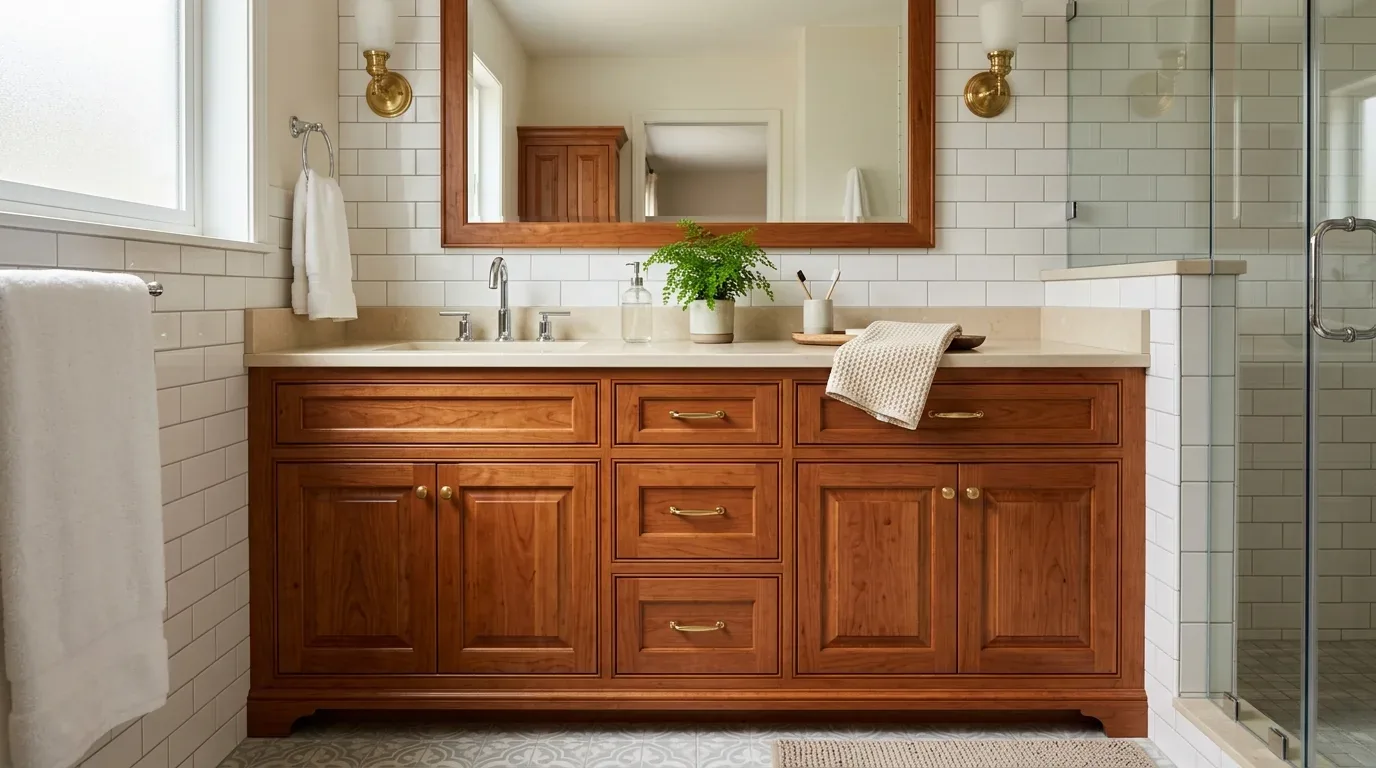 Tiny bathroom. Frosted glass shower, gold trim, white tiles. Beige towels too
