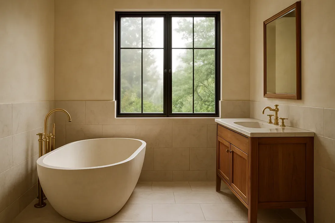 A minimalist bathroom with a freestanding bathtub, wooden vanity with a sink, and a large window showing greenery outside.
