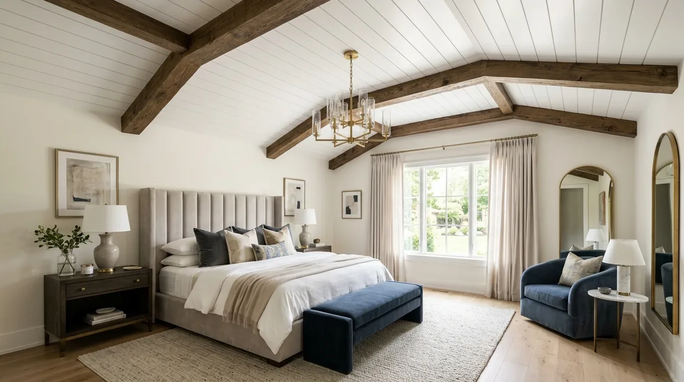 A bright bedroom with exposed wooden ceiling beams, a large upholstered bed, a navy blue bench and armchair, and neutral decor