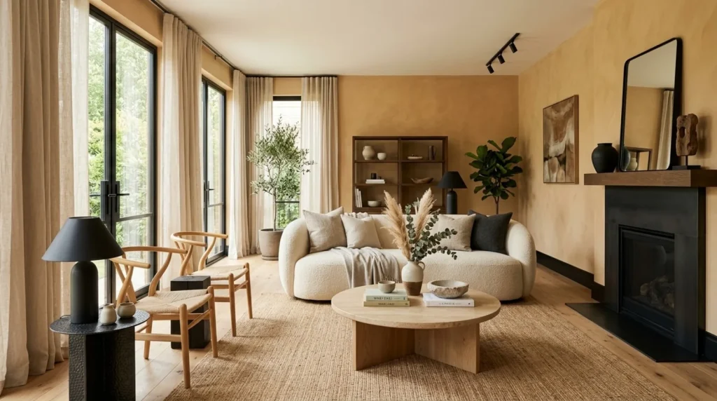 A modern living room corner with a wooden map wall art, decorative bottles and glasses on a console, a sculptural decor piece, and a large leafy plant
