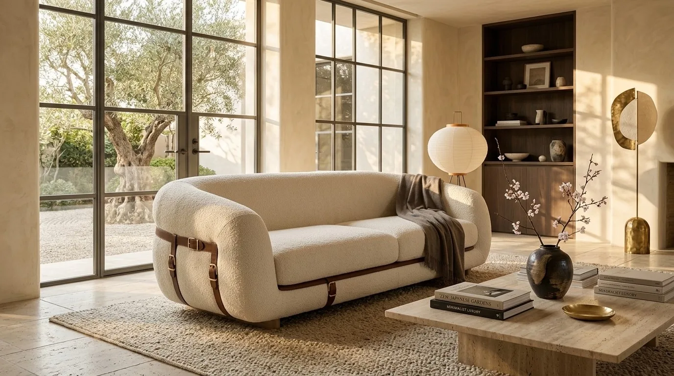 Cream boucle Blair sofa with saddle leather straps in a japandi living room with travertine, a paper lantern, and an olive tree beyond steel windows